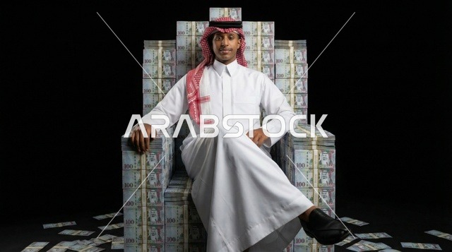 رجل سعودي يجلس على عرش من الريالات السعودية