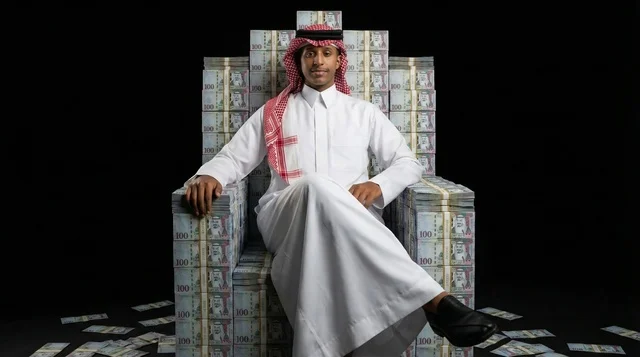 رجل سعودي يجلس على عرش من الريالات السعودية