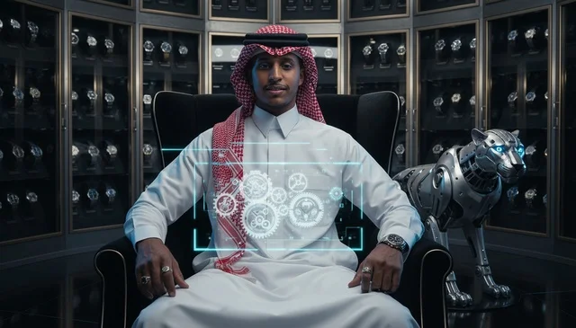 Saudi Man with Futuristic Hologram and Luxury Watches
