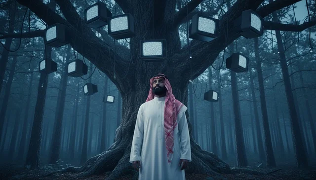 رجل سعودي في غابة مع شجرة تلفزيونات قديمة