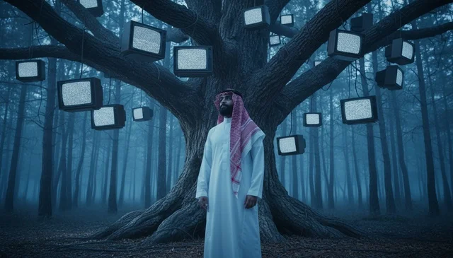 رجل سعودي في غابة ضبابية مع أجهزة تلفاز قديمة