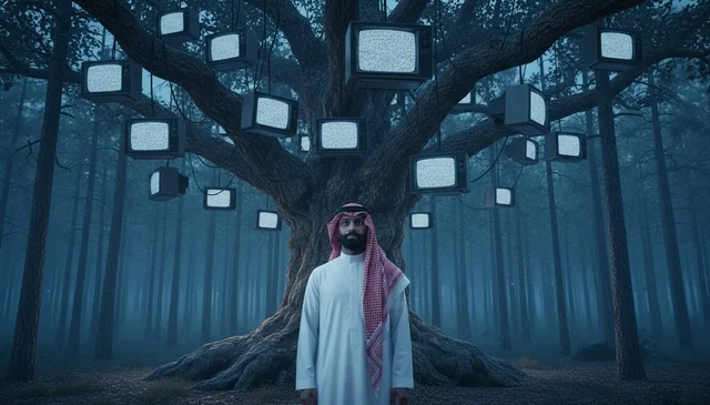 Conceptual Saudi Man with Vintage Televisions in Forest