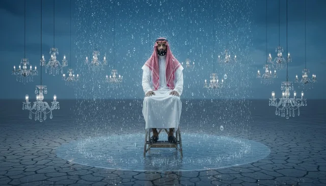 Saudi Man in Traditional Thobe Under Rain with Chandeliers
