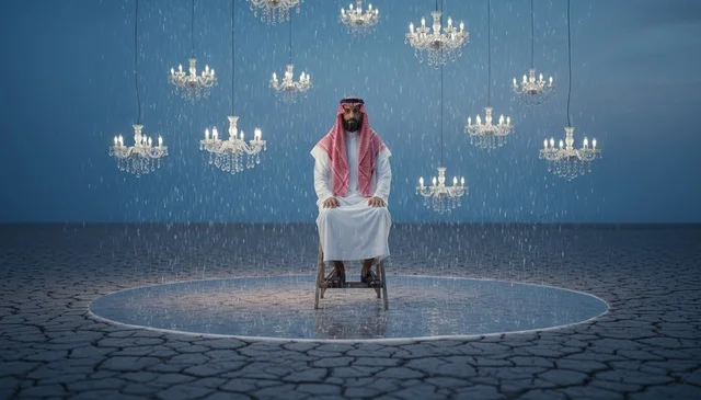 Saudi Man in Traditional Thobe with Chandeliers in Desert