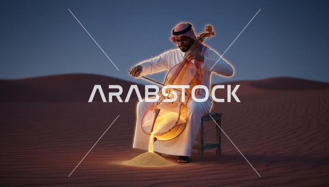 رجل سعودي يعزف على تشيلو مضيء في الصحراء