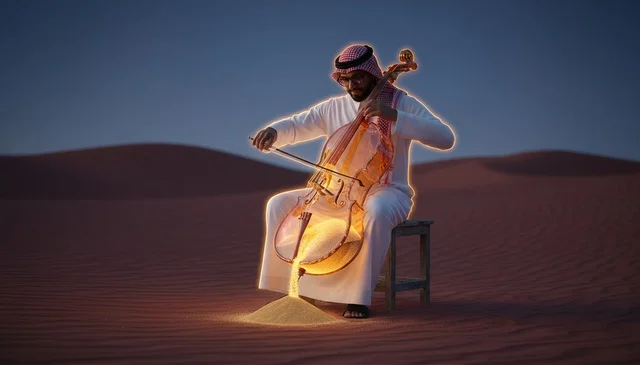 رجل سعودي يعزف على تشيلو مضيء في الصحراء