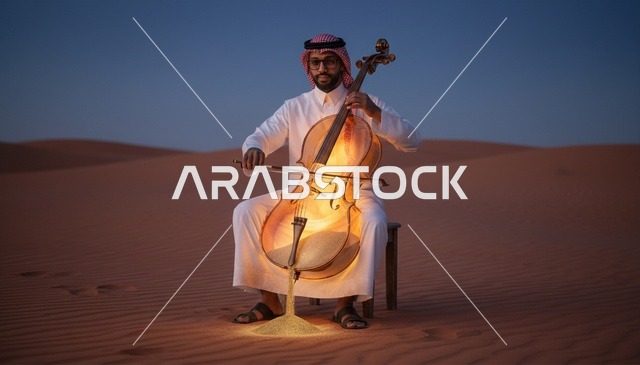رجل سعودي يعزف التشيلو مع رمال مضيئة في الصحراء