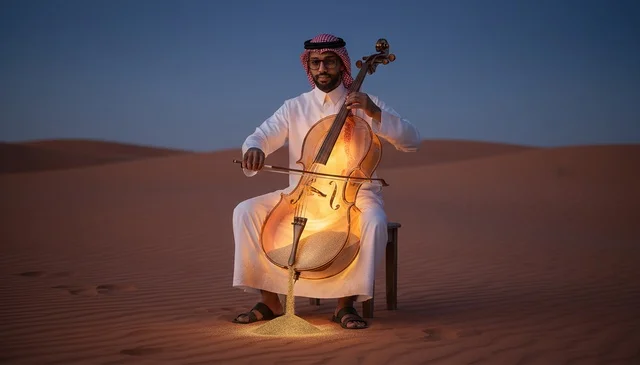 Saudi Man Playing Cello with Glowing Sand in Desert