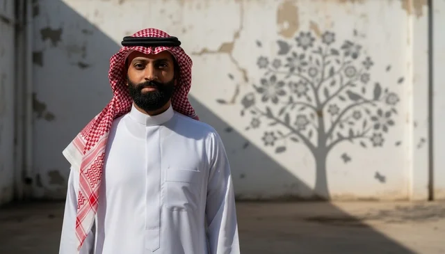 رجل سعودي بالزي التقليدي أمام جدارية شجرة