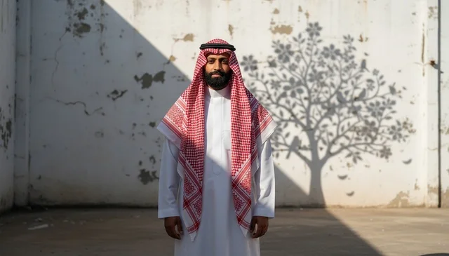 رجل سعودي بالزي التقليدي مع ظل شجرة