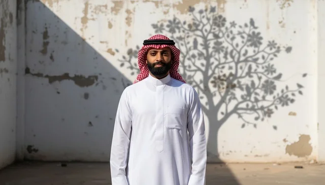 Saudi Man in Traditional Thobe with Tree Shadow