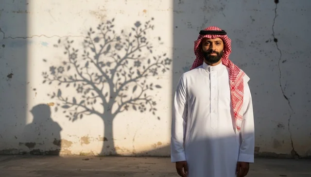 Saudi Man in Traditional Dress with Tree Shadow