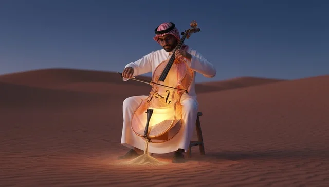 Saudi Man Playing Cello in Desert Dunes at Twilight