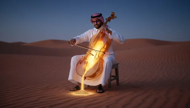 Saudi Man Playing Cello in Desert with Glowing Sand