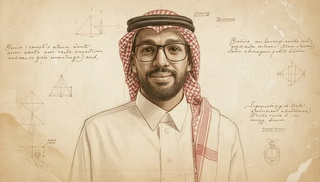 رسم توضيحي لرجل سعودي بالزي التقليدي ومخططات هندسية