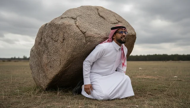 رجل سعودي بالزي التقليدي يحمل صخرة ضخمة في الخلاء