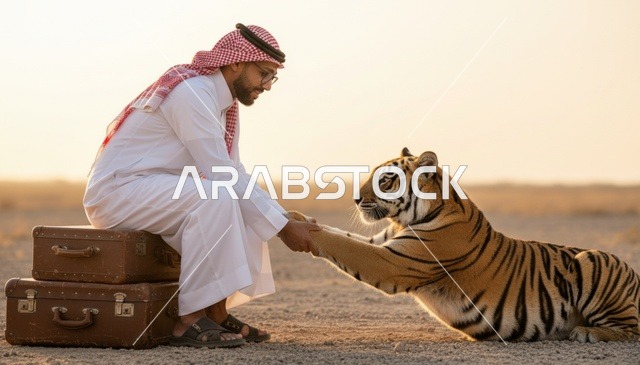 رجل سعودي مع نمر في الصحراء وقت الغروب