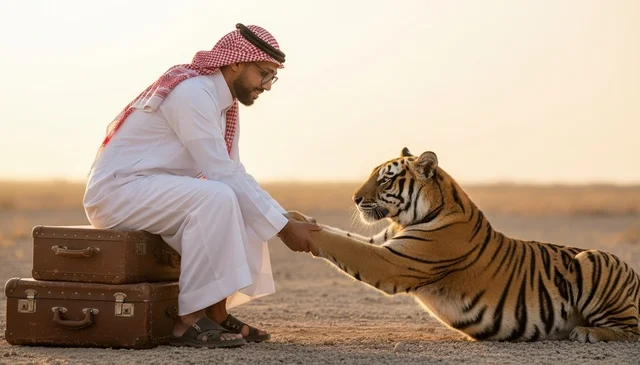 رجل سعودي مع نمر في الصحراء وقت الغروب