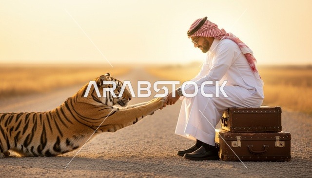 رجل سعودي مع نمر في الصحراء وقت الغروب