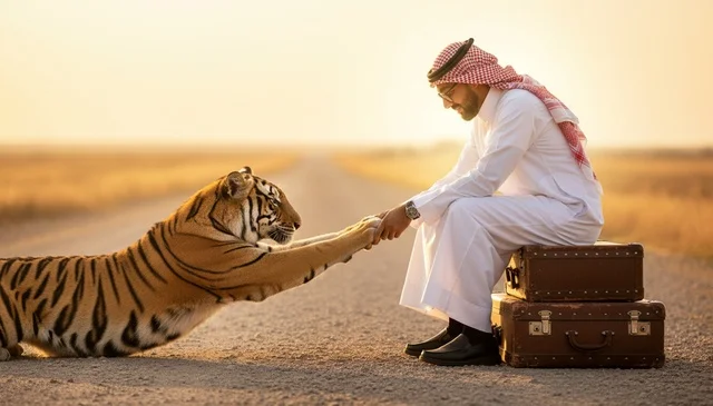 رجل سعودي مع نمر في الصحراء وقت الغروب