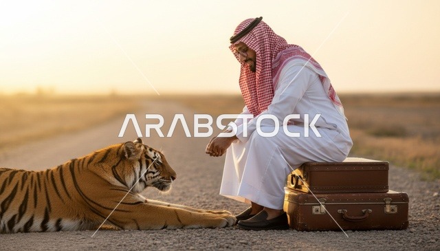 رجل سعودي مع نمر على طريق صحراوي وقت الغروب