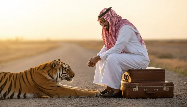رجل سعودي مع نمر على طريق صحراوي وقت الغروب