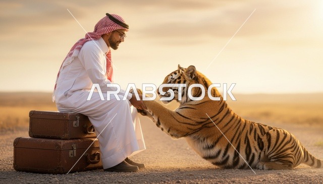 رجل سعودي مع نمر في الصحراء وقت الغروب