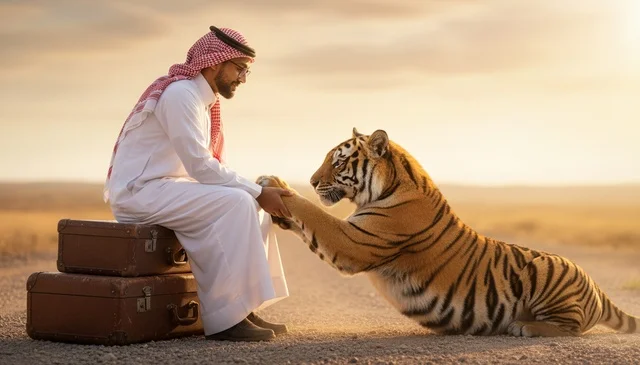 رجل سعودي مع نمر في الصحراء وقت الغروب