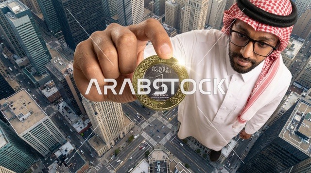 رجل سعودي يحمل عملة ريال واحد فوق ناطحات السحاب