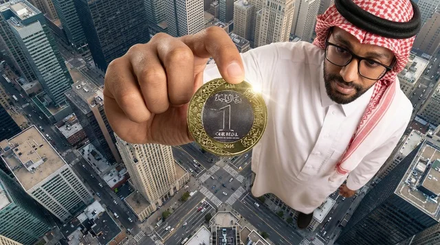 Saudi Man Holding One Rial Coin Over Urban City Skyline