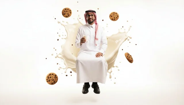 رجل سعودي مع كوب حليب ورذاذ كوكيز في الاستوديو