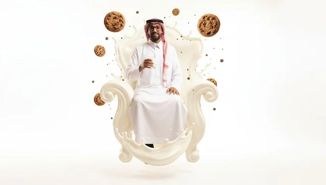 رجل سعودي يجلس على عرش من الحليب مع الكوكيز