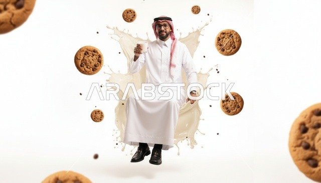 رجل سعودي مع رذاذ الحليب وبسكويت الشوكولاتة