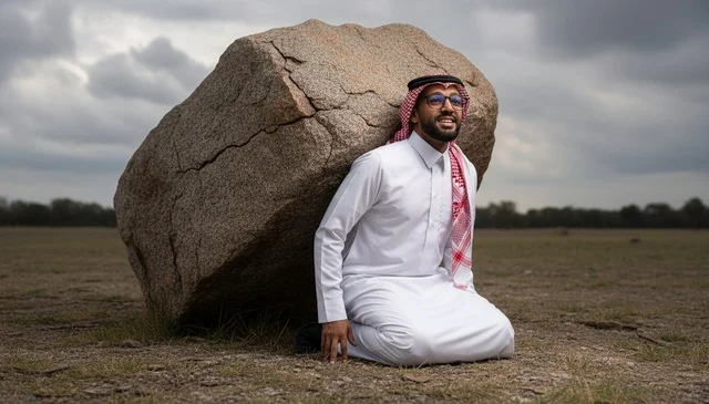 Saudi Man in Traditional Thobe Holding Heavy Rock