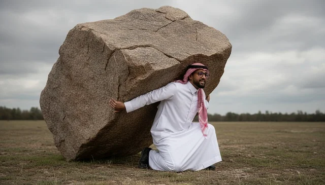 Saudi Man Carrying Heavy Rock in Open Field