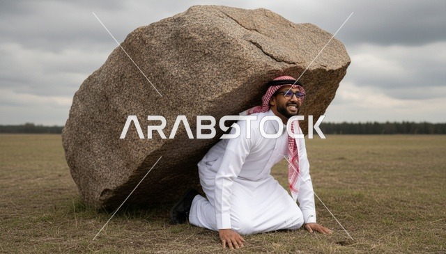 رجل سعودي يحمل صخرة ثقيلة في حقل مفتوح