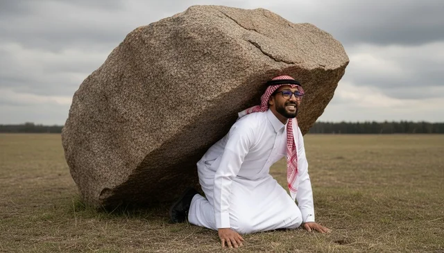 Saudi Man Carrying Heavy Boulder in Field