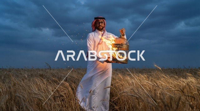 رجل سعودي يحمل قفص عصافير مشتعل في حقل قمح ليلاً