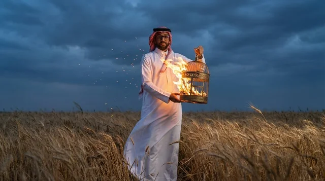 رجل سعودي يحمل قفص عصافير مشتعل في حقل قمح ليلاً