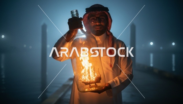 رجل سعودي يحمل سفينة مشتعلة داخل زجاجة في الضباب