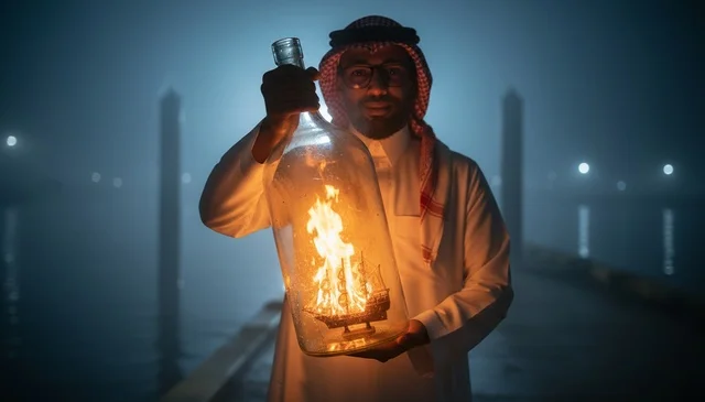 رجل سعودي يحمل سفينة مشتعلة داخل زجاجة في الضباب