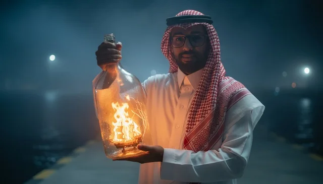 Saudi Man in Traditional Dress Holding Glowing Ship Bottle