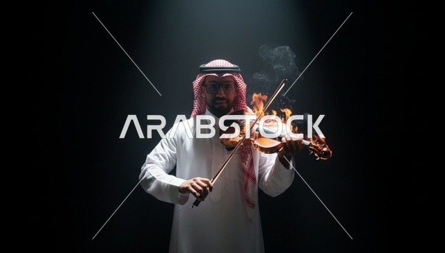 عازف كمان سعودي بزي تقليدي مع كمان مشتعل