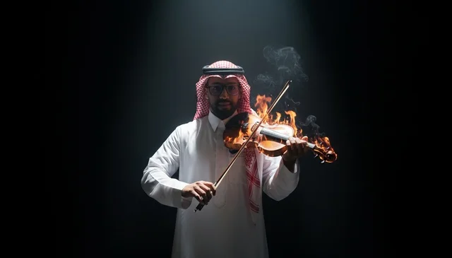 Saudi Man Playing Burning Violin in Dramatic Light