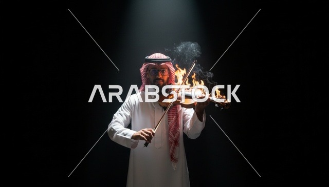 رجل سعودي يعزف على كمان مشتعل تحت الضوء