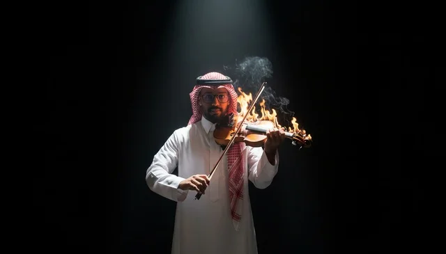 رجل سعودي يعزف على كمان مشتعل تحت الضوء