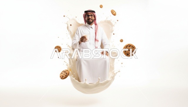 رجل سعودي مع رذاذ الحليب وقطع الكوكيز