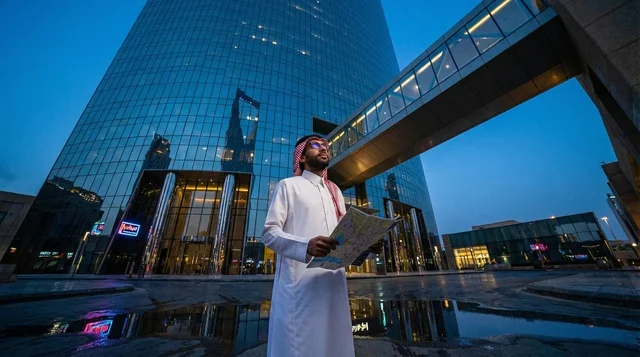 رجل سعودي بالثوب التقليدي أمام ناطحة سحاب بالرياض
