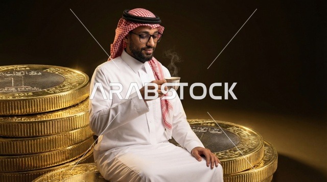رجل سعودي يجلس على عملات ريال ذهبية يشرب القهوة