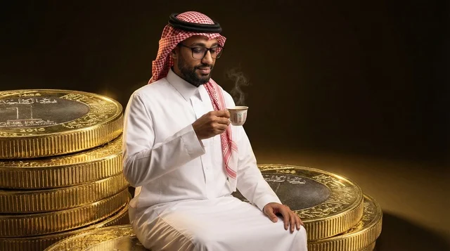 Saudi Man Sitting on Gold Riyal Coins Drinking Coffee
